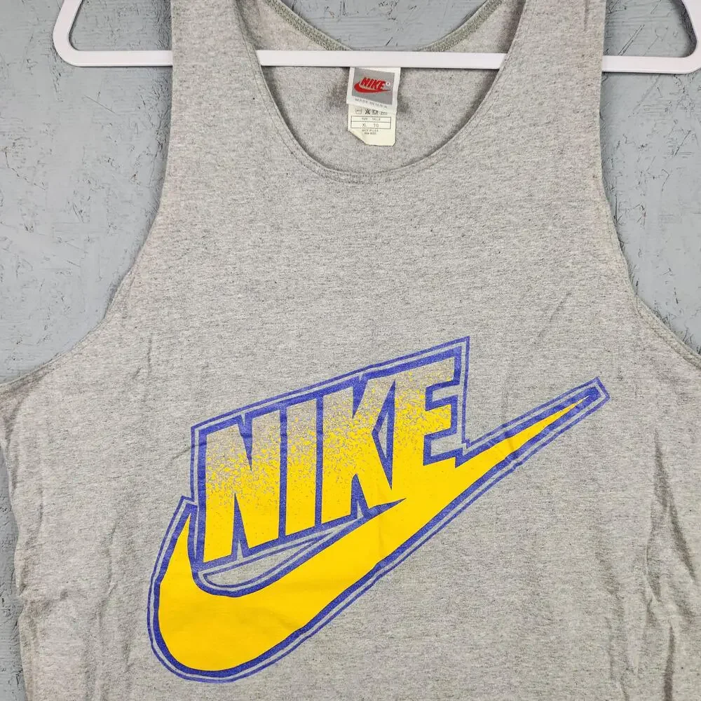 Vintage Nike Tank Top Shirt Mens XL Gray Yellow Swoosh Graphic Made In USA 90s